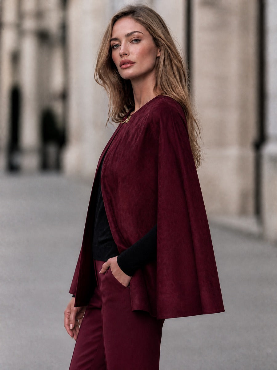 Open-Front Cape Jacket With Gold-Tone Bar Clasp