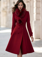 Elegant Faux Fur Collar Double-Breasted Wool Blend Long Coat