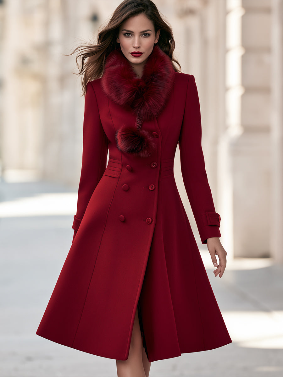 Elegant Faux Fur Collar Double-Breasted Wool Blend Long Coat