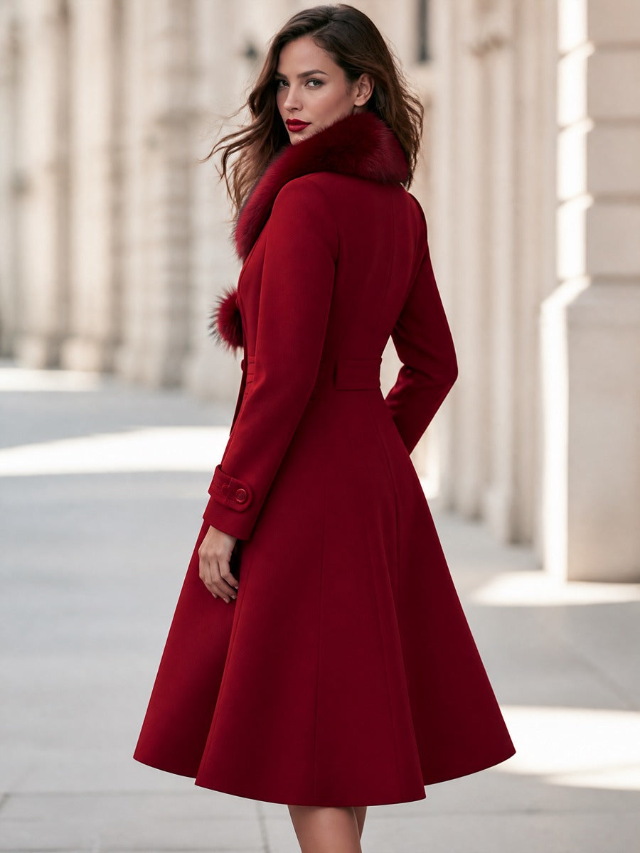 Elegant Faux Fur Collar Double-Breasted Wool Blend Long Coat