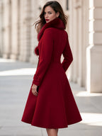 Elegant Faux Fur Collar Double-Breasted Wool Blend Long Coat