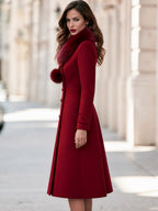 Elegant Faux Fur Collar Double-Breasted Wool Blend Long Coat