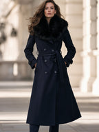 Belted Double-Breasted Fit-and-Flare Coat With Faux Fur Shawl Collar
