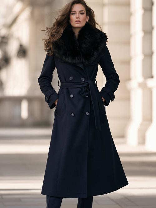 Belted Double-Breasted Fit-and-Flare Coat With Faux Fur Shawl Collar