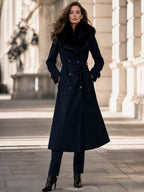 Belted Double-Breasted Fit-and-Flare Coat With Faux Fur Shawl Collar