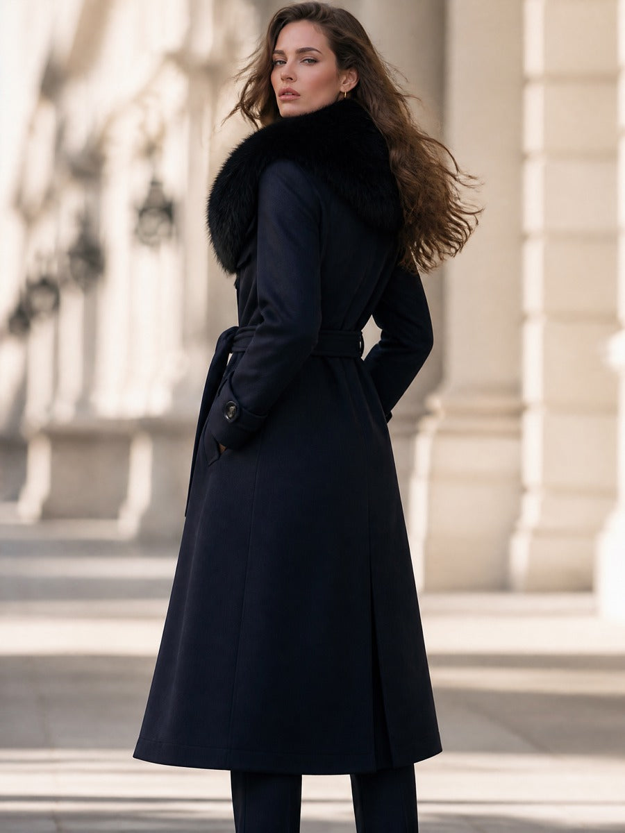Belted Double-Breasted Fit-and-Flare Coat With Faux Fur Shawl Collar