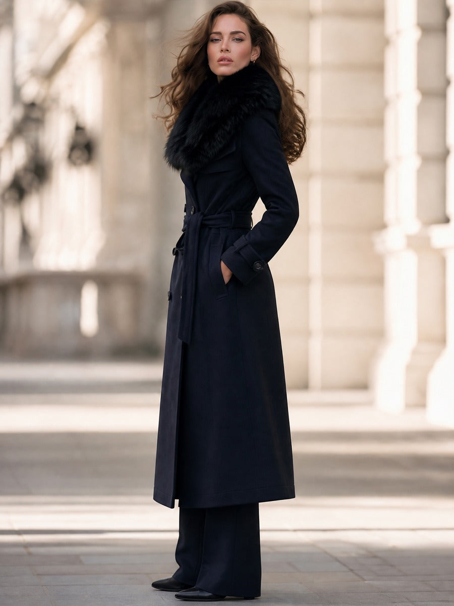 Belted Double-Breasted Fit-and-Flare Coat With Faux Fur Shawl Collar