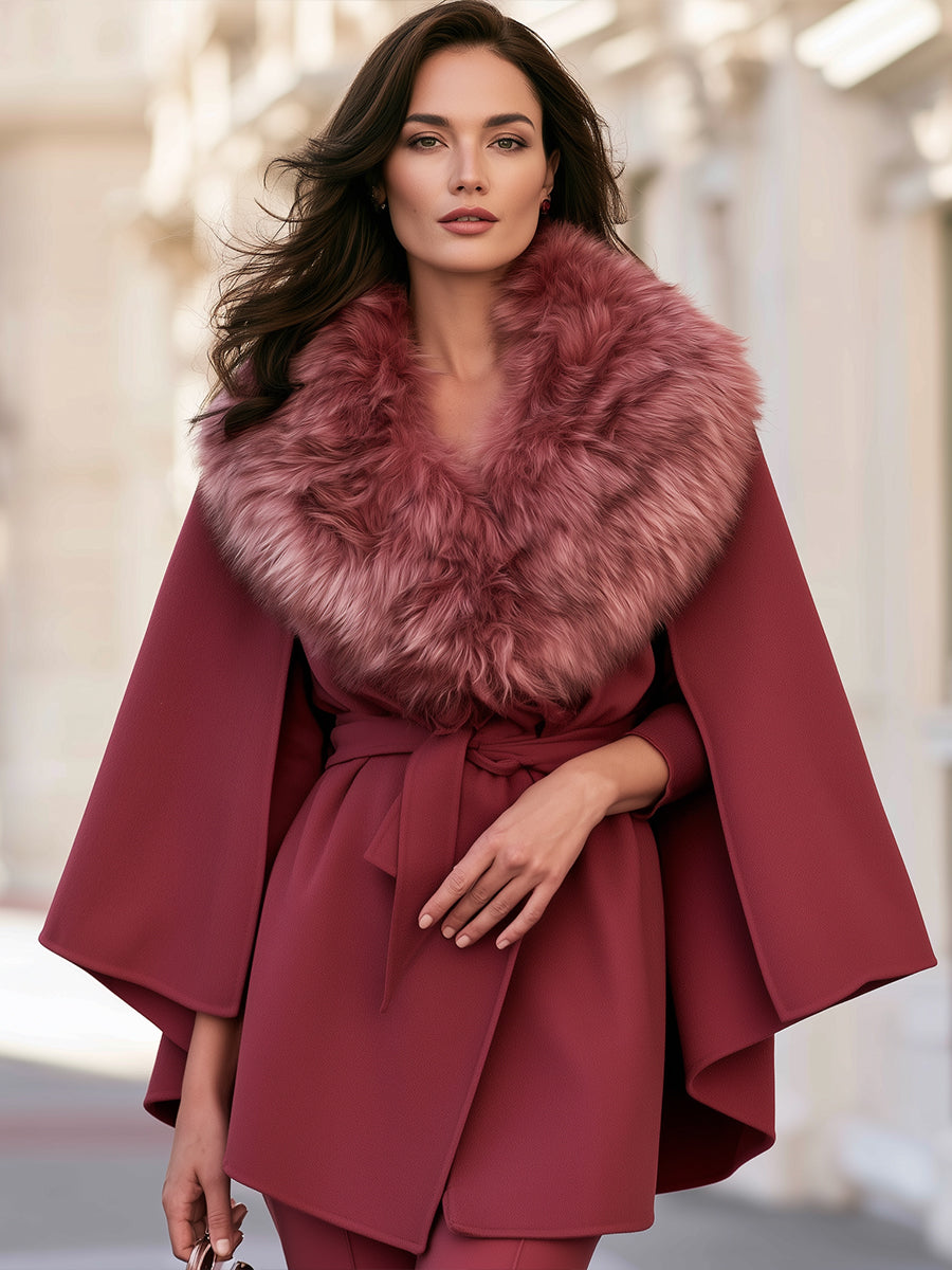 Belted Cape Jacket With Plush Shawl Collar