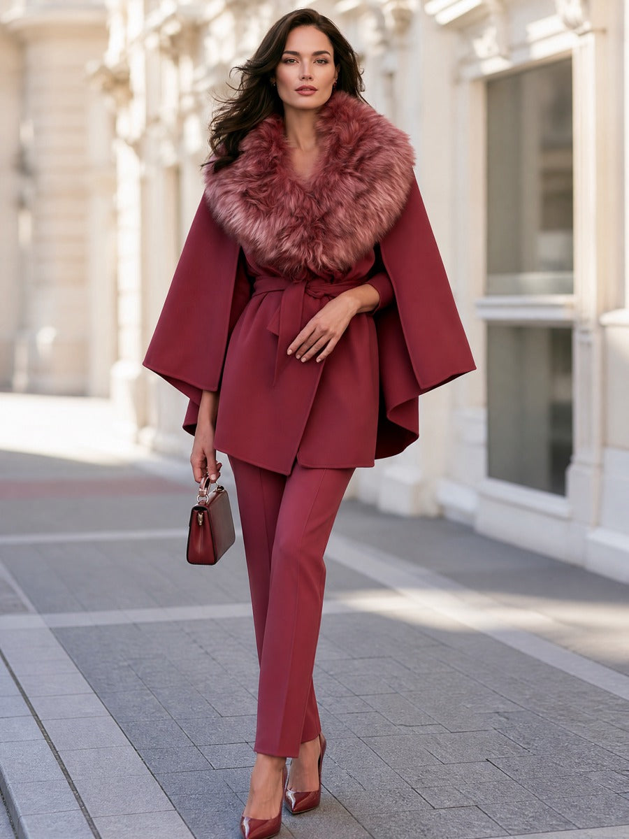 Belted Cape Jacket With Plush Shawl Collar