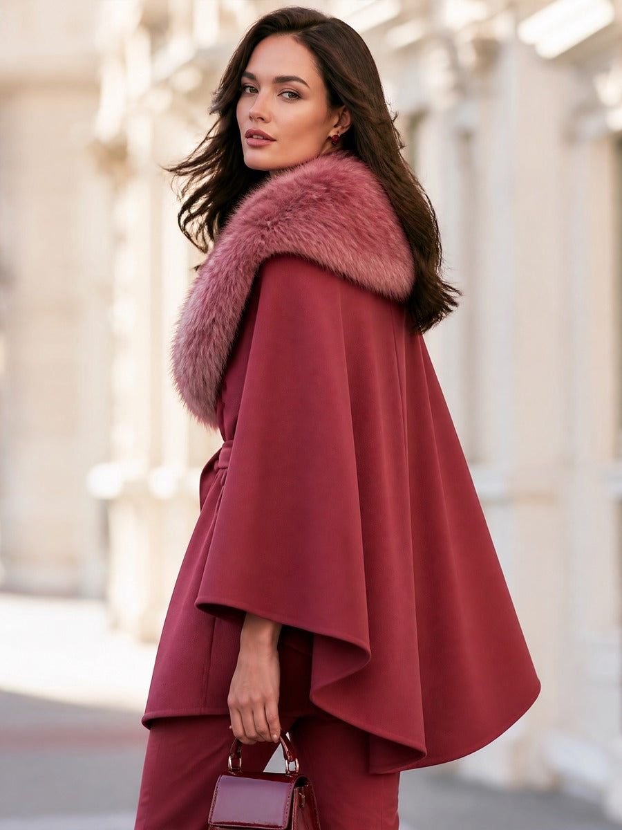 Belted Cape Jacket With Plush Shawl Collar