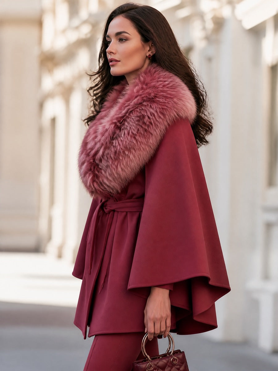 Belted Cape Jacket With Plush Shawl Collar