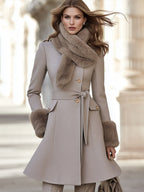 Belted Fit-and-Flare Coat With Plush Scarf Collar And Cuffs