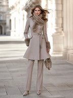 Belted Fit-and-Flare Coat With Plush Scarf Collar And Cuffs