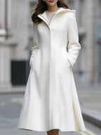 Hooded A-Line Zipper Closure Woolen Swing Coat