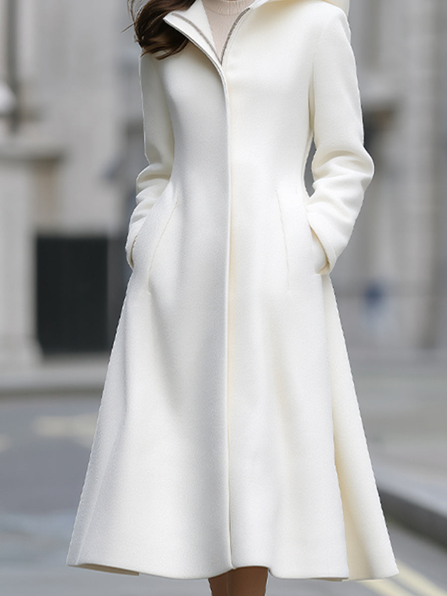 Hooded A-Line Zipper Closure Woolen Swing Coat