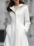 Hooded A-Line Zipper Closure Woolen Swing Coat
