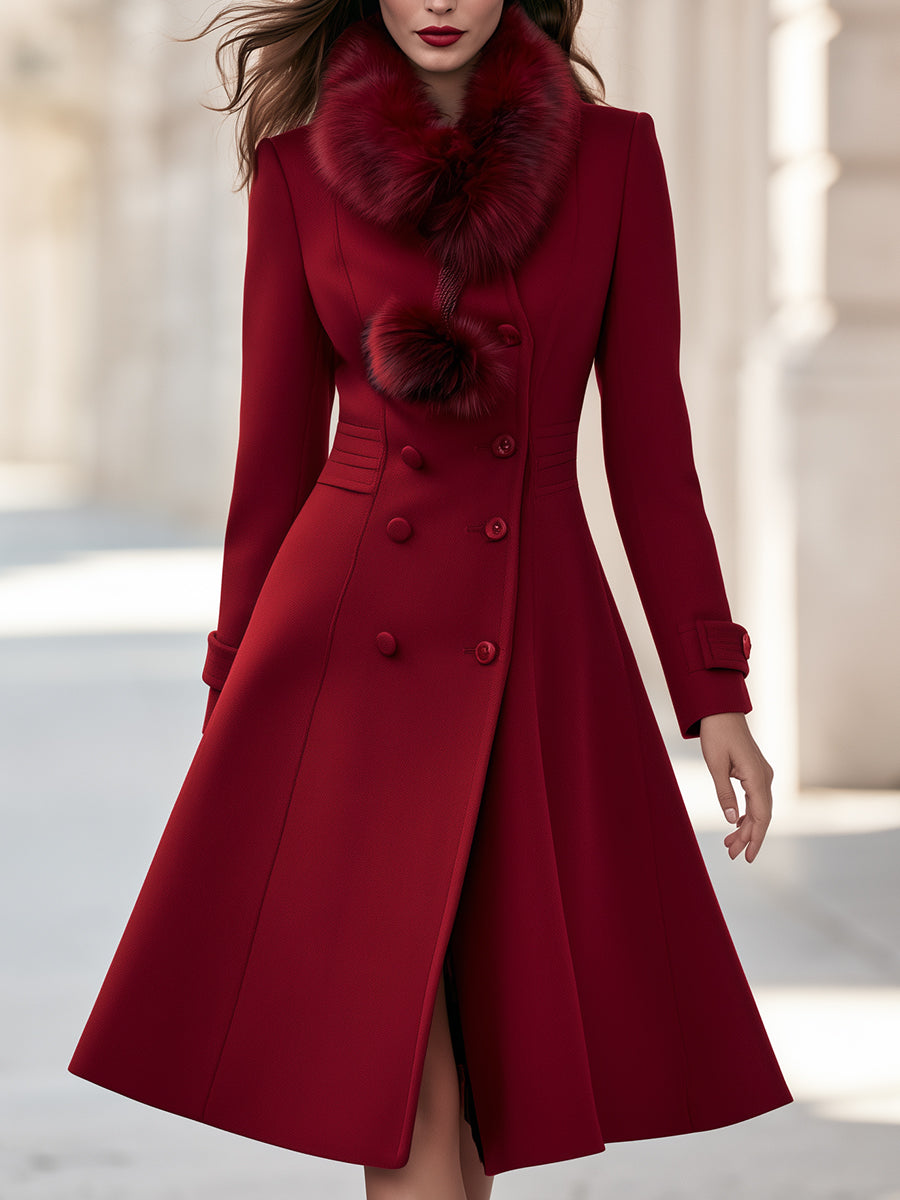 Elegant Faux Fur Collar Double-Breasted Wool Blend Long Coat