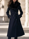 Belted Double-Breasted Fit-and-Flare Coat With Faux Fur Shawl Collar