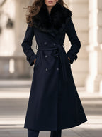 Belted Double-Breasted Fit-and-Flare Coat With Faux Fur Shawl Collar