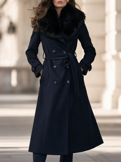 Belted Double-Breasted Fit-and-Flare Coat With Faux Fur Shawl Collar