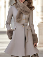 Belted Fit-and-Flare Coat With Plush Scarf Collar And Cuffs