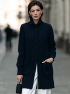 Cable Knit Button-Front Long Cardigan With Stand Collar