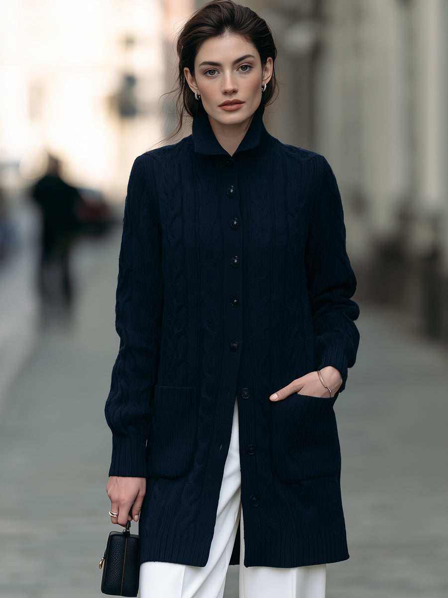 Cable Knit Button-Front Long Cardigan With Stand Collar
