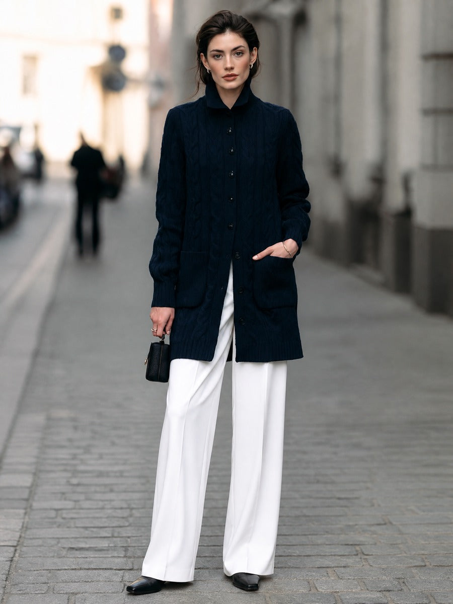 Cable Knit Button-Front Long Cardigan With Stand Collar