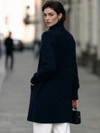 Cable Knit Button-Front Long Cardigan With Stand Collar