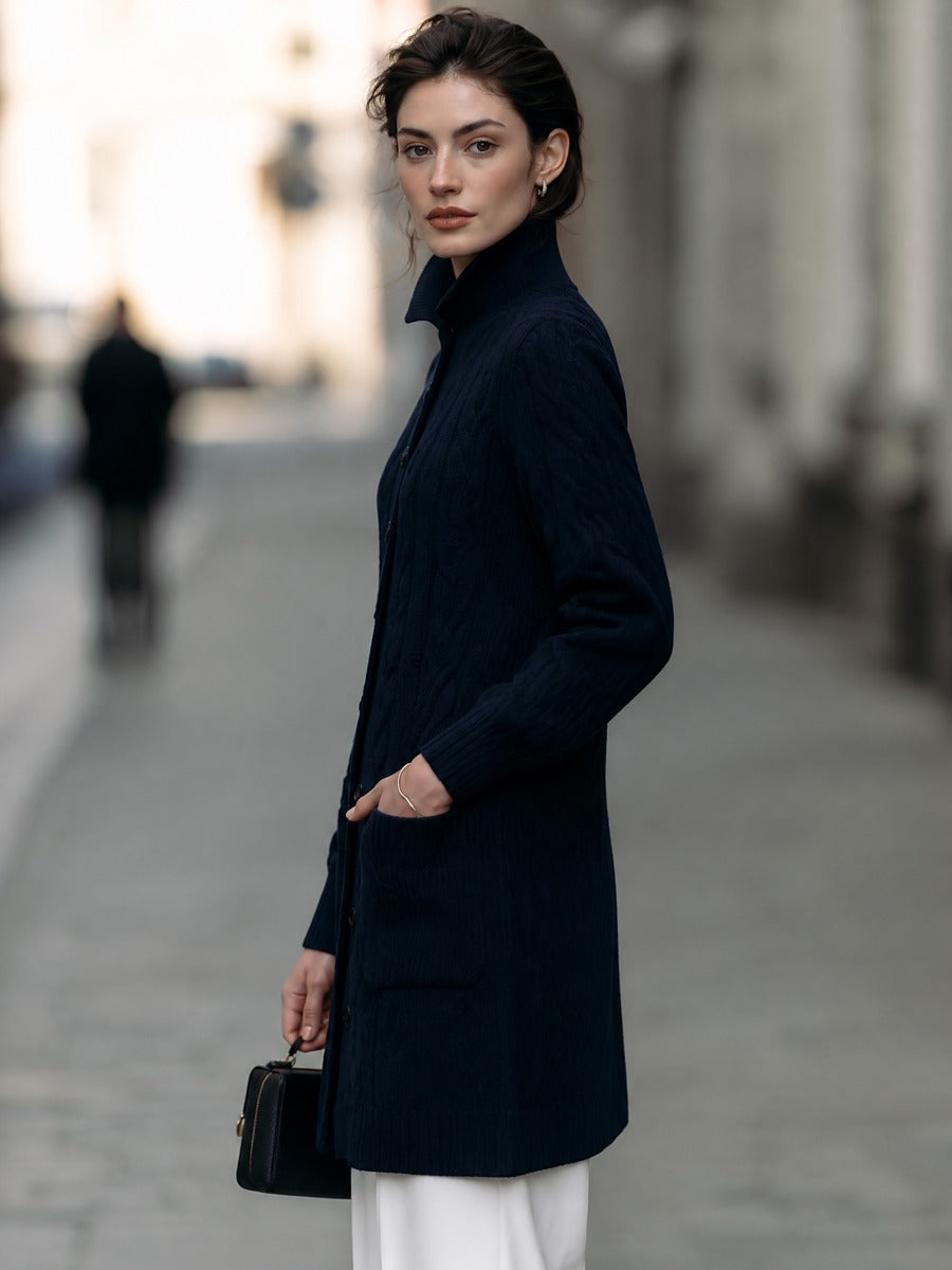 Cable Knit Button-Front Long Cardigan With Stand Collar