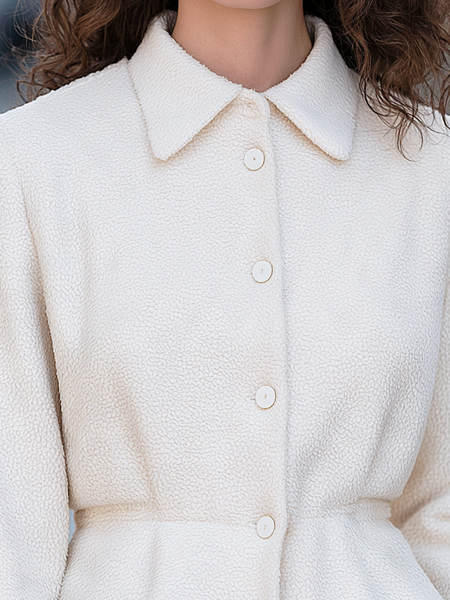 Textured Fleece Button-front Jacket With A Ruffled Hem