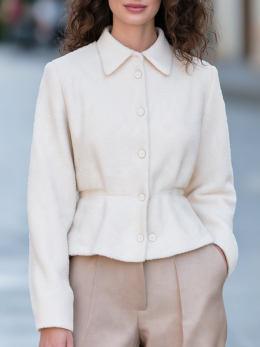 Textured Fleece Button-front Jacket With A Ruffled Hem