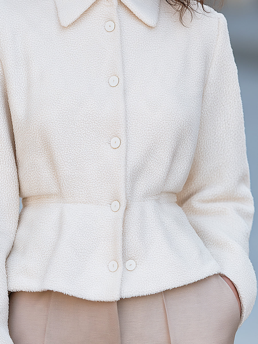 Textured Fleece Button-front Jacket With A Ruffled Hem
