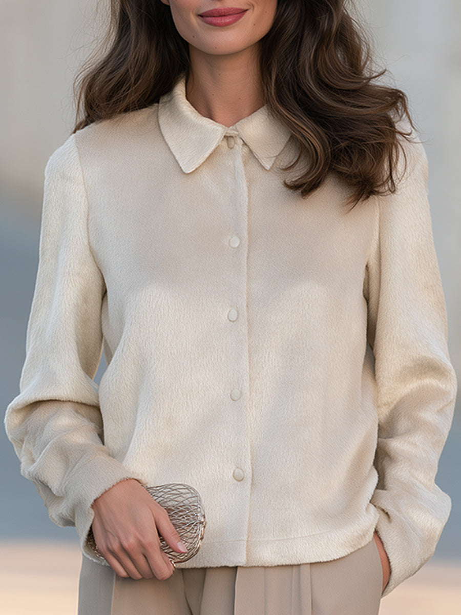 Faux Mink-Effect Textured Jacket With Pointed Collar