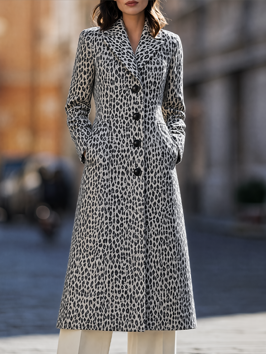 Leopard Print Notched Lapel Single-Breasted Fit-and-Flare Longline Coat