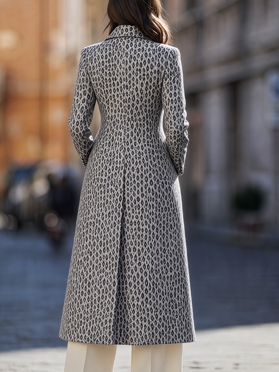 Leopard Print Notched Lapel Single-Breasted Fit-and-Flare Longline Coat