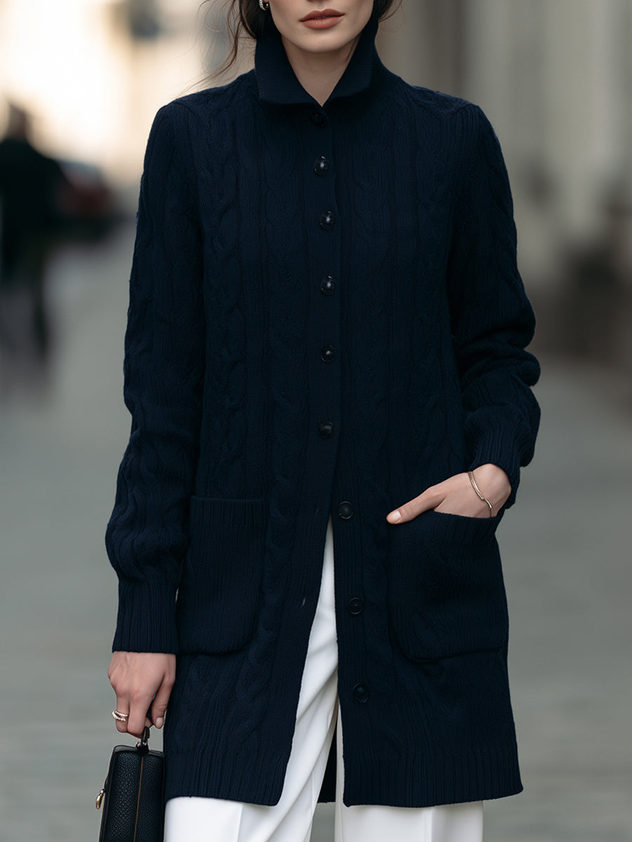 Cable Knit Button-Front Long Cardigan With Stand Collar