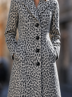 Leopard Print Notched Lapel Single-Breasted Fit-and-Flare Longline Coat