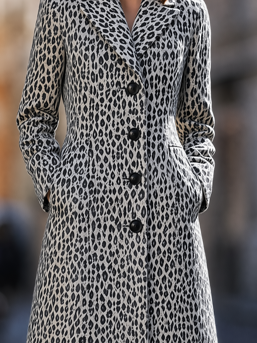 Leopard Print Notched Lapel Single-Breasted Fit-and-Flare Longline Coat