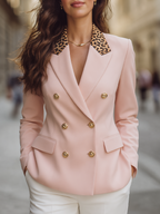 Blush Pink Leopard Collar Gold Button Double-Breasted Blazer
