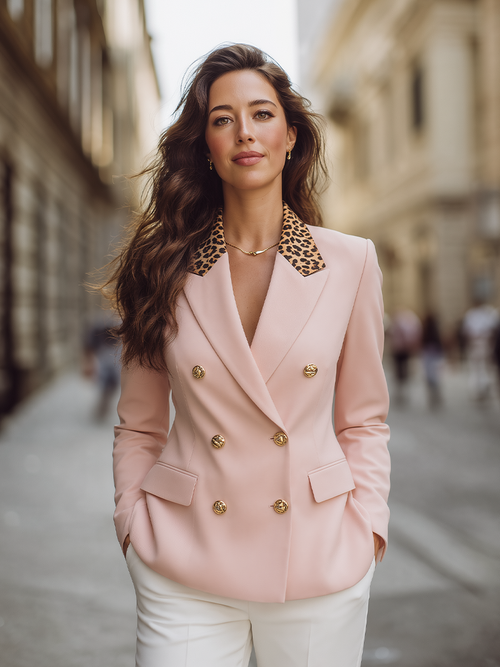 Blush Pink Leopard Collar Gold Button Double-Breasted Blazer