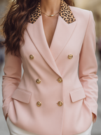 Blush Pink Leopard Collar Gold Button Double-Breasted Blazer