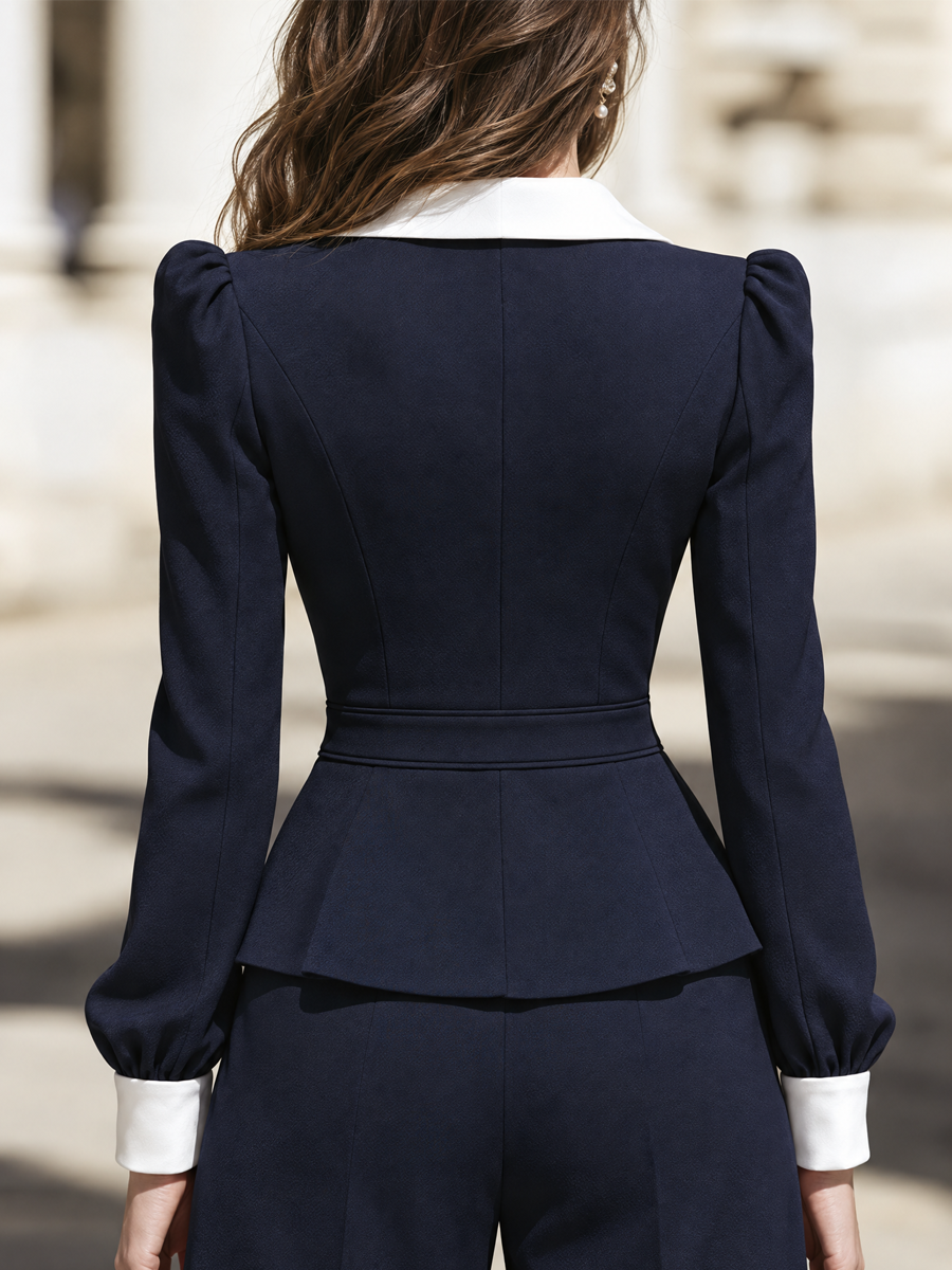 Contrast Lapel Gold Button Puff Sleeve Fitted Peplum Blazer