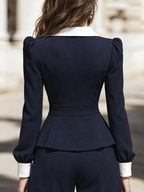 Contrast Lapel Gold Button Puff Sleeve Fitted Peplum Blazer
