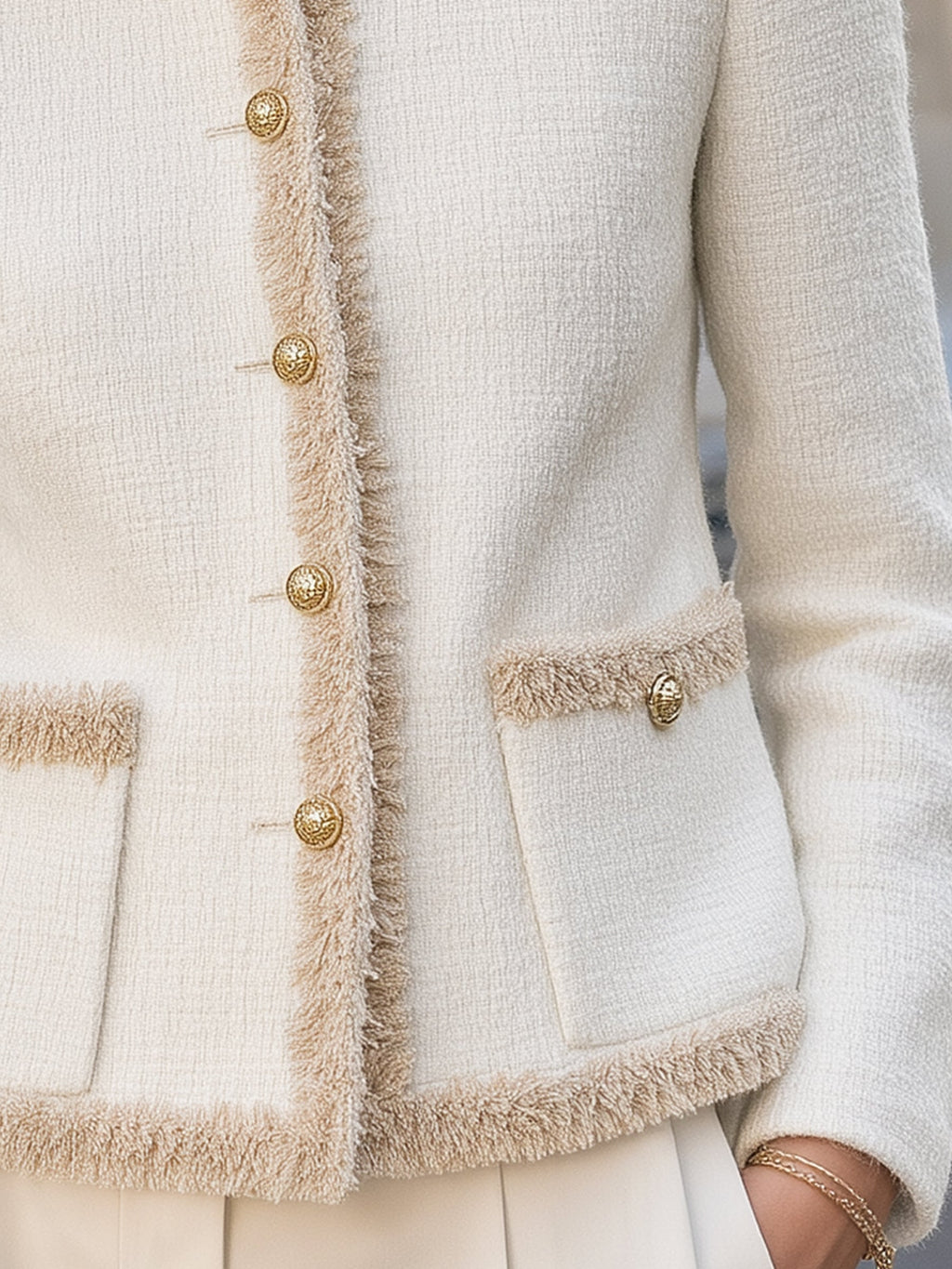 Fringe Trim Tweed Button-Up Fitted Jacket