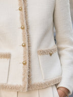 Fringe Trim Tweed Button-Up Fitted Jacket