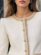 Fringe Trim Tweed Button-Up Fitted Jacket