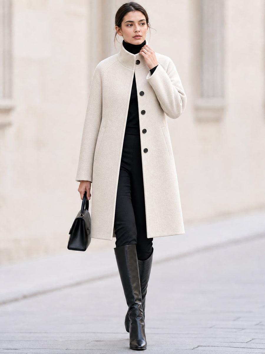 Stand Collar Raglan Sleeve Mid Length Wool Blend Coat
