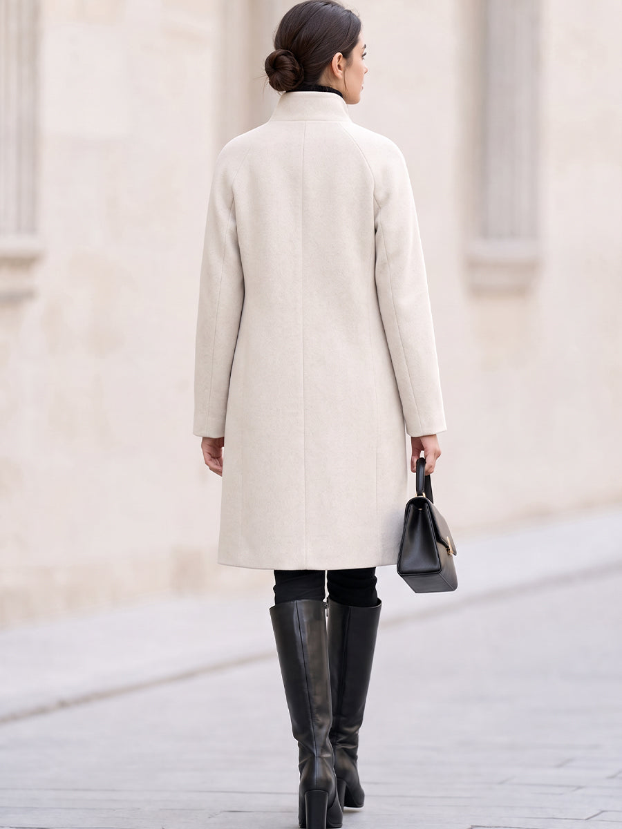 Stand Collar Raglan Sleeve Mid Length Wool Blend Coat