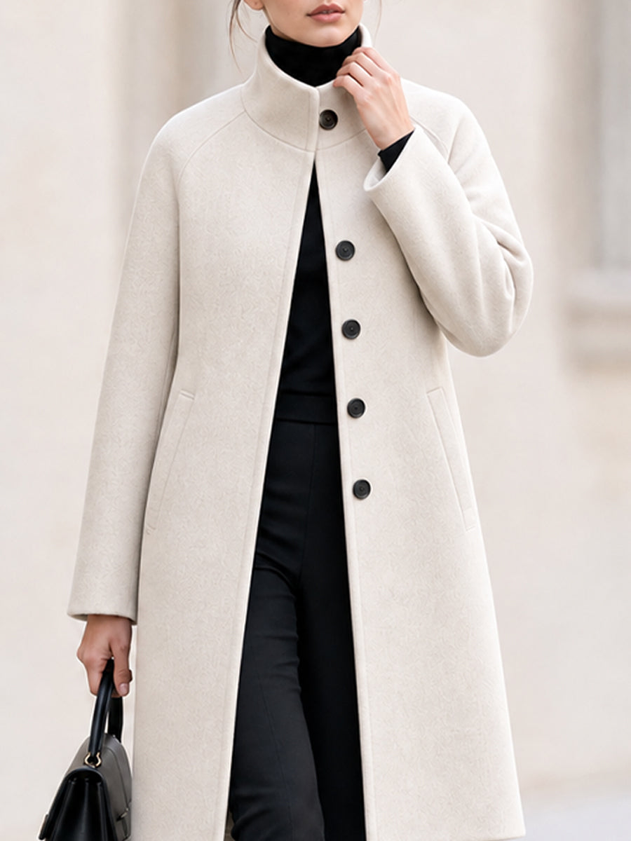 Stand Collar Raglan Sleeve Mid Length Wool Blend Coat